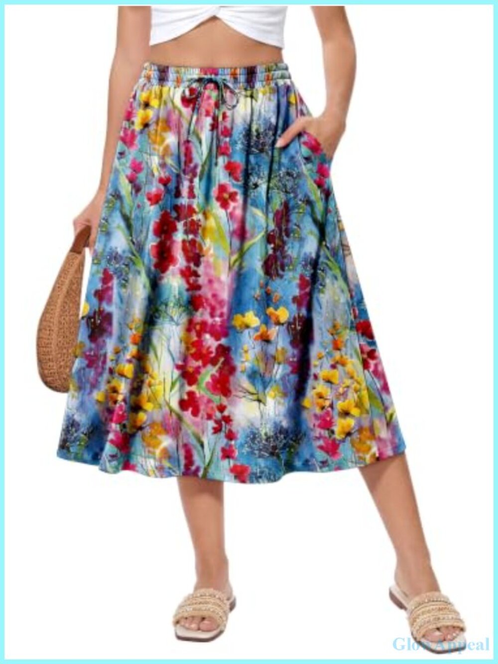 Women's Midi A-Line Skirt High Waist Floral Bohemian with Pockets